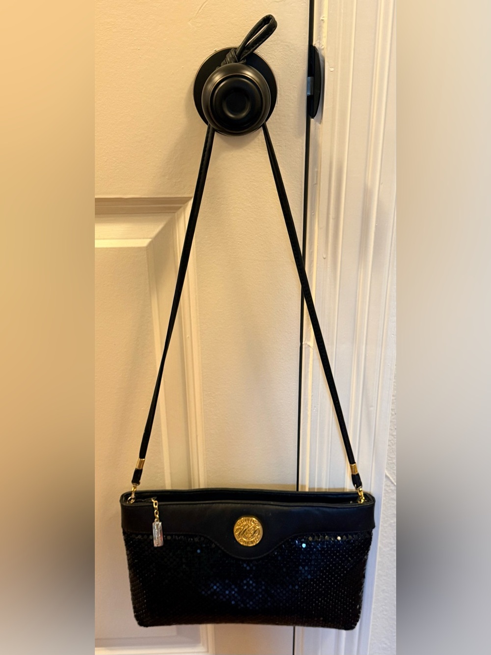 Whiting & Davis Black Sequin Shoulder Bag with Gold Medallion